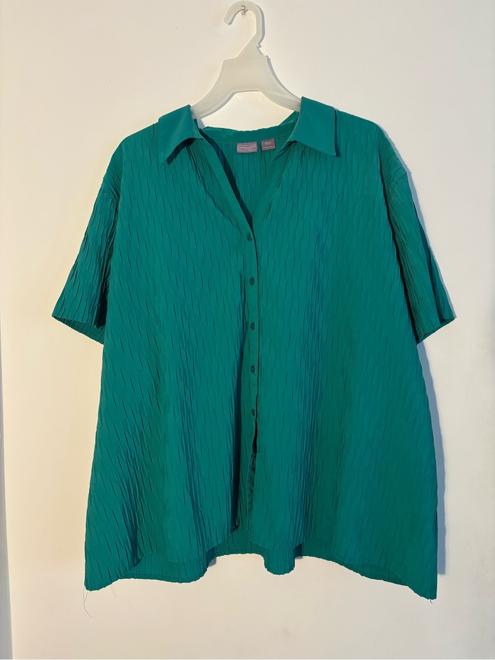 Laura Scott Women 20W 22W Emerald Green Textured Button Front Short Sleeve Blous